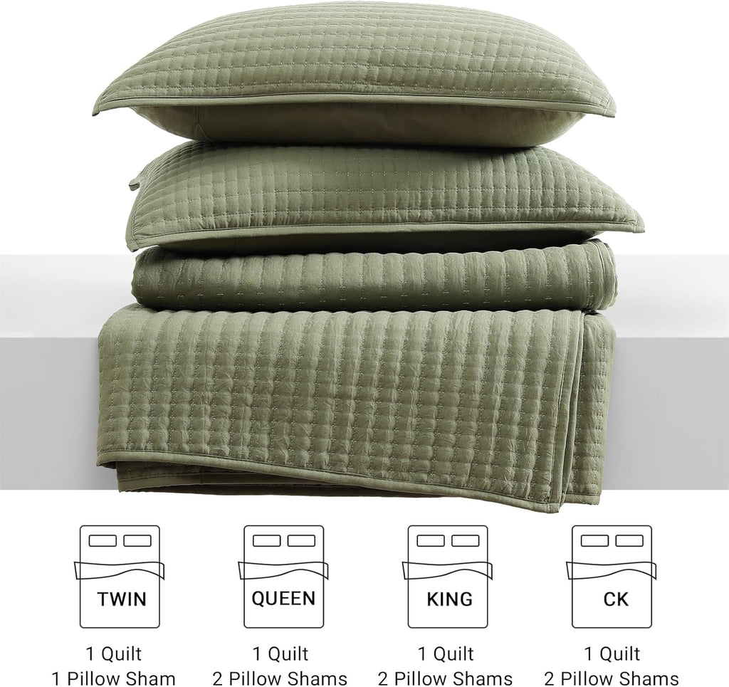 Queen Quilt-3 Pieces Lightweight Bedspreads Olive Green Queen Size Quilt Bedding Set for All Seasons, Soft Summer Coverlet with 2 Pillow Shams Suitable for Bed & Couch