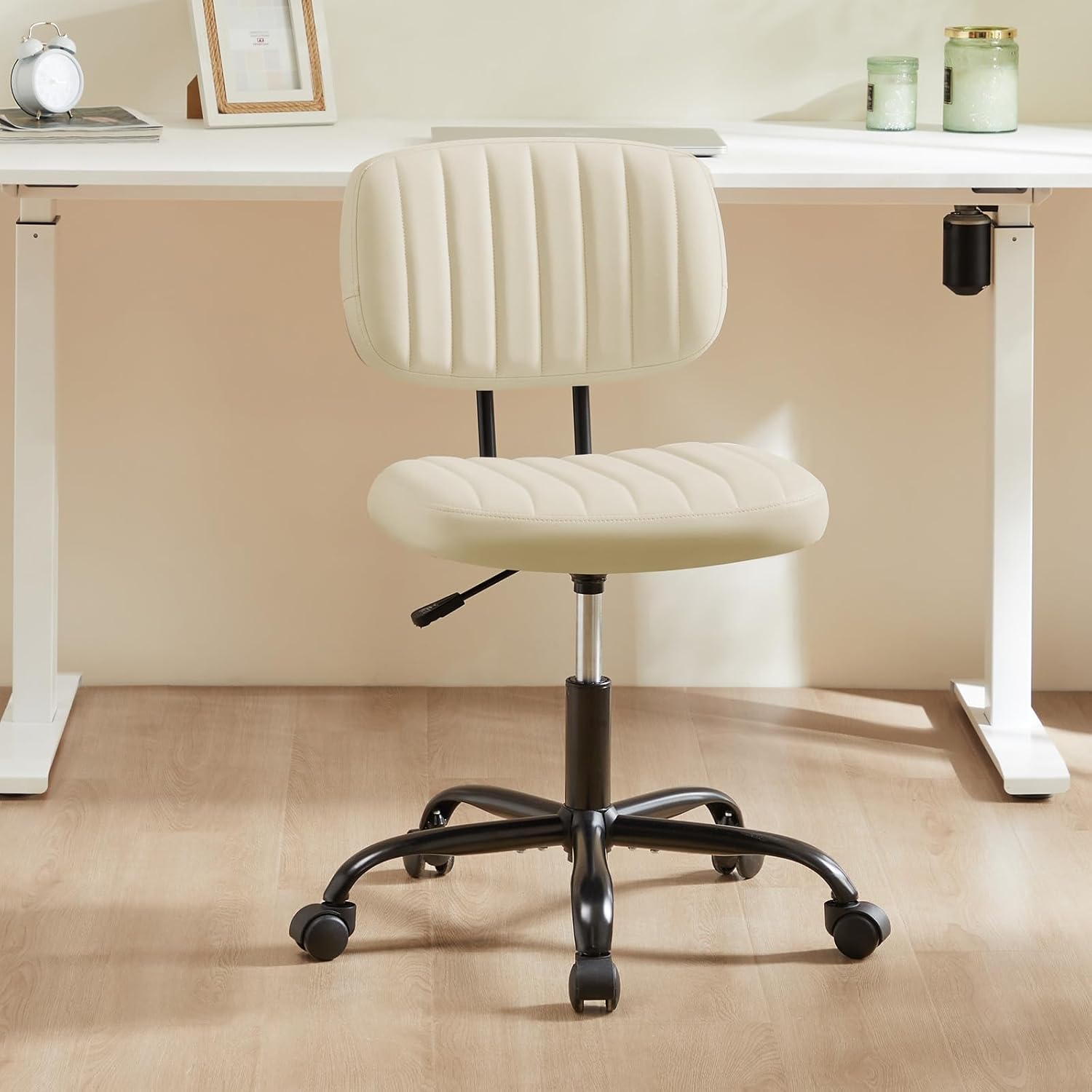 Small Office Desk Chair - Armless PU Leather with Comfy Lumbar Support, Height Adjustable Rolling Swivel Task for No Arms, for Adult, Student, Bedroom, Home, Vanity, Beige White