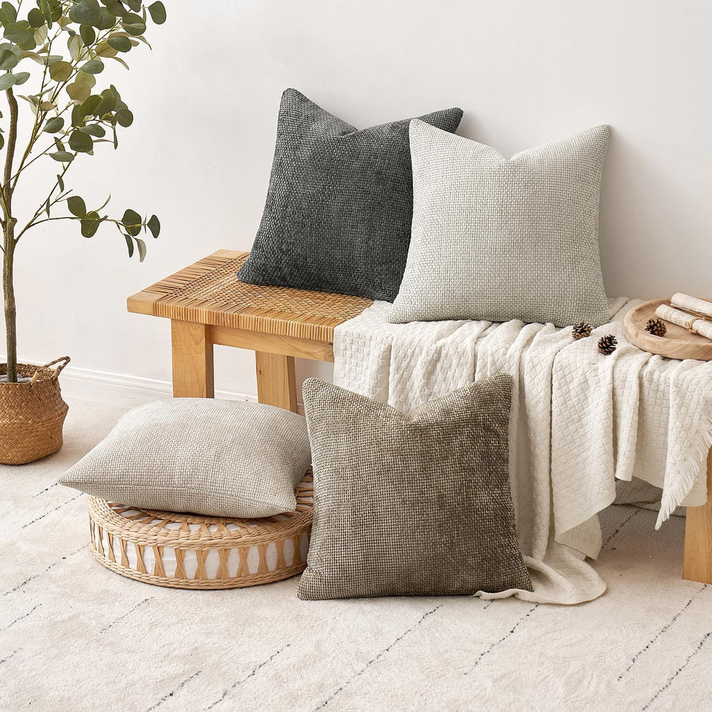 Pack of 4 Couch Throw Pillow Covers 18x18 Inch Neutral Soft Decorative Chenille Pillow Covers Farmhouse Boho Cushion Covers for Mid Century Modern Spring Home Decor Sofa Bedroom Living Room