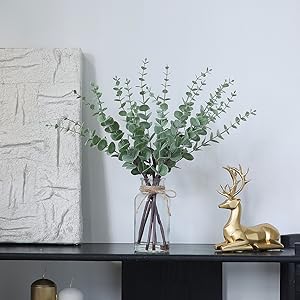 17.5" Artificial Eucalyptus Stems in Glass Vase with Faux Water,Fake Plant Eucalyptus Leaves White Seeds for Centerpiece Table Decorations Farmhouse Wedding Home Greenery Decor (Sage Green)