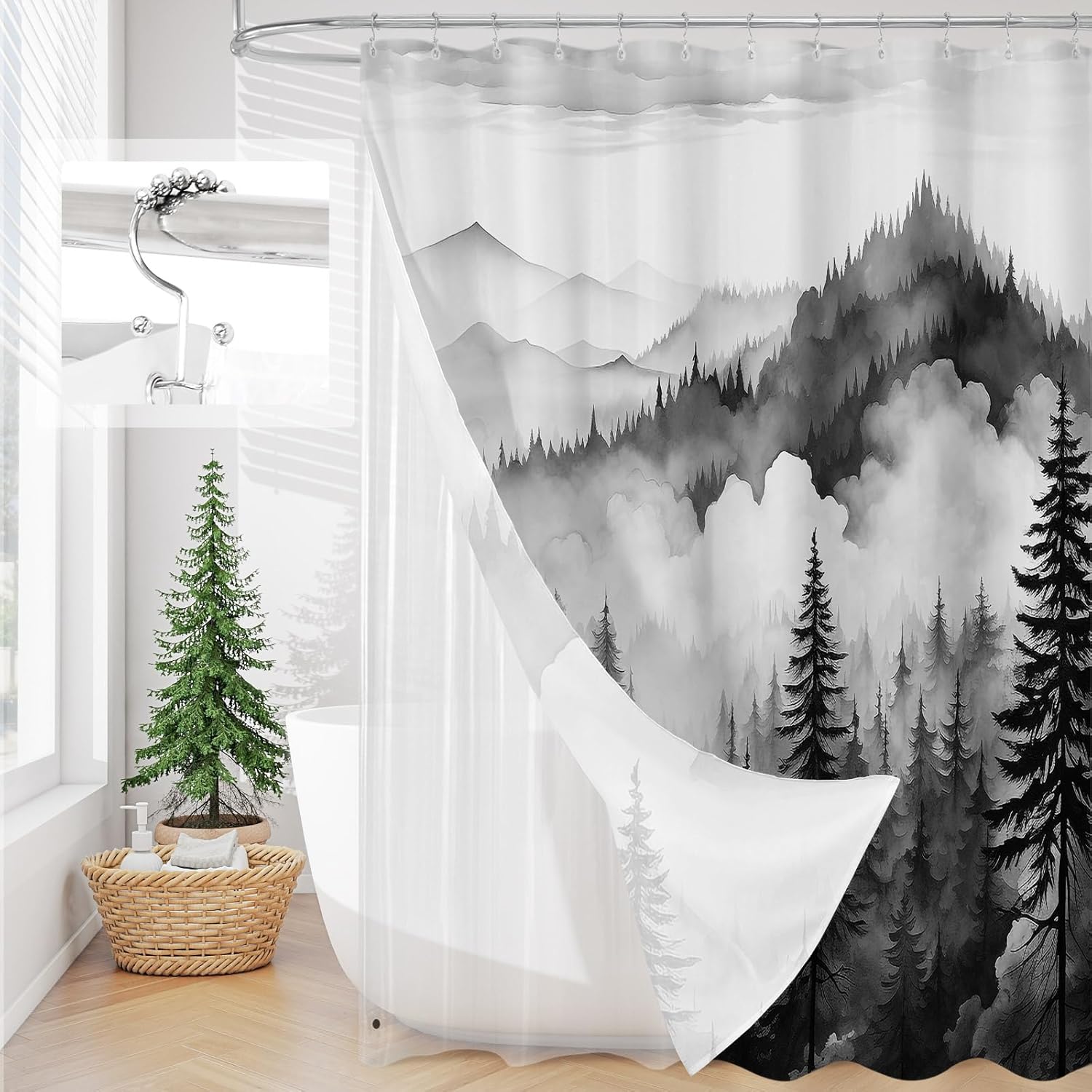 3 in 1 Shower Curtain Set, DarkGreen Misty Pine Forest Fabric Shower Curtain with PEVA Liner and Double Sided Hooks, Bathroom Curtain Waterproof 72x72