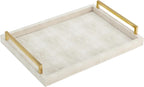 Ivory Shagreen Decorative Tray Large Rectangle Coffee Table Tray for Ottoman Faux Leather Serving Tray with Brushed Gold Handles