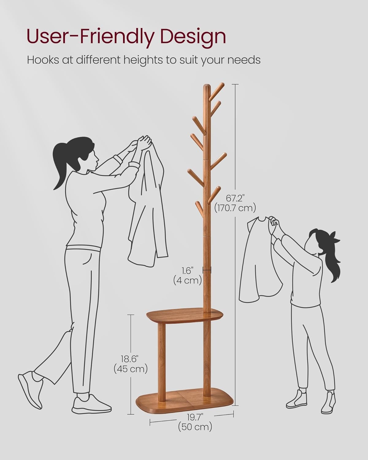 Coat Rack, Free Standing Coat Stand, Hall Coat Tree with 8 Hooks and Storage Shelf, 67.2 Inch Tall, for Coats, Hats, Bags, for Entryway, Hallway, Bedroom, Caramel Brown URCR040K01