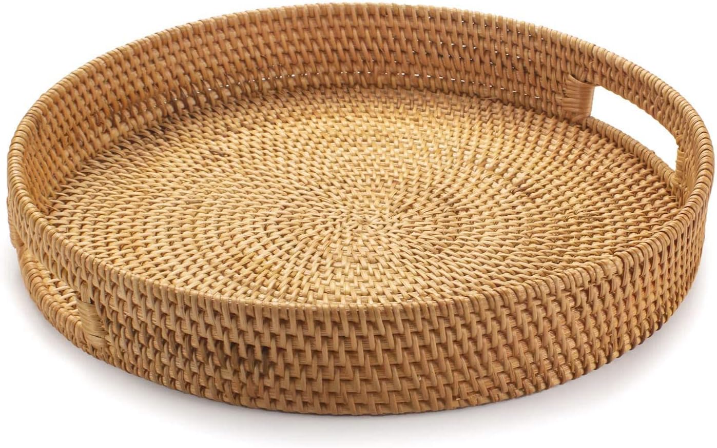 13.8 inch Round Rattan Tray, Decorative Coffee Table Tray, Ottoman Tray, Woven Serving Tray with Handles, Wicker Serving Basket, Whitewash
