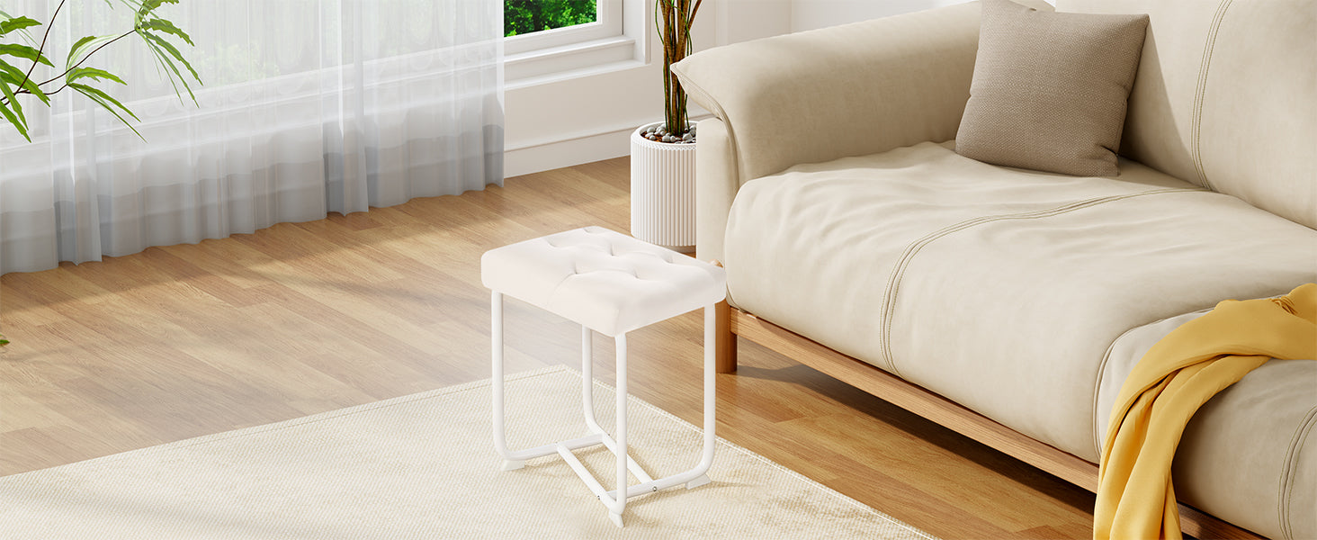 White Vanity Chair, Leather Vanity Stool, Small Stool Chair for Vanity, Square Ottoman Foot Stool, Makeup Vanity Chairs with Thick Padded Seat for Bathroom, Bedroom, Entryway, KFD01W