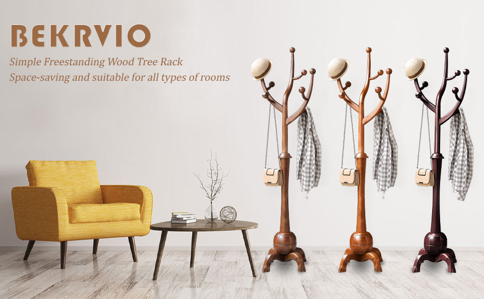 Coat Rack Freestanding Wood Coat Tree Rack with 8 Hooks, Creative Design Tree Branch-look, Standing Coat Rack Clothes Hanger Stand with Stury Base for Entryway, Hallway, Bedroom - Load 160lb (Walnut)