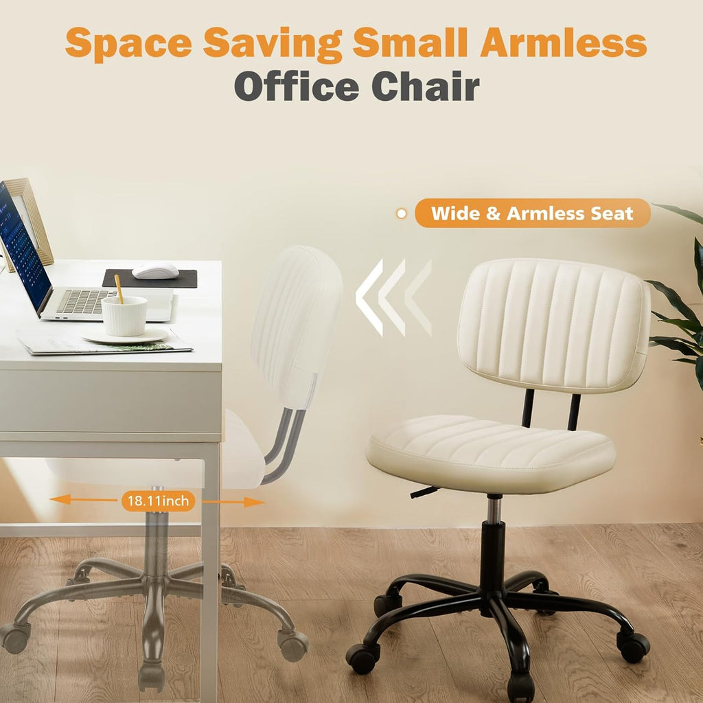 Small Office Desk Chair - Armless PU Leather with Comfy Lumbar Support, Height Adjustable Rolling Swivel Task for No Arms, for Adult, Student, Bedroom, Home, Vanity, Beige White