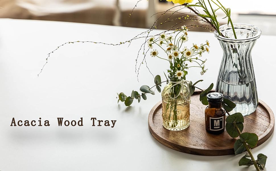 11.5 Inches Candle Holder Tray Home Decor, Round Wood Tray for Coffee Table, Small Wooden Serving Decorative Trays for Home