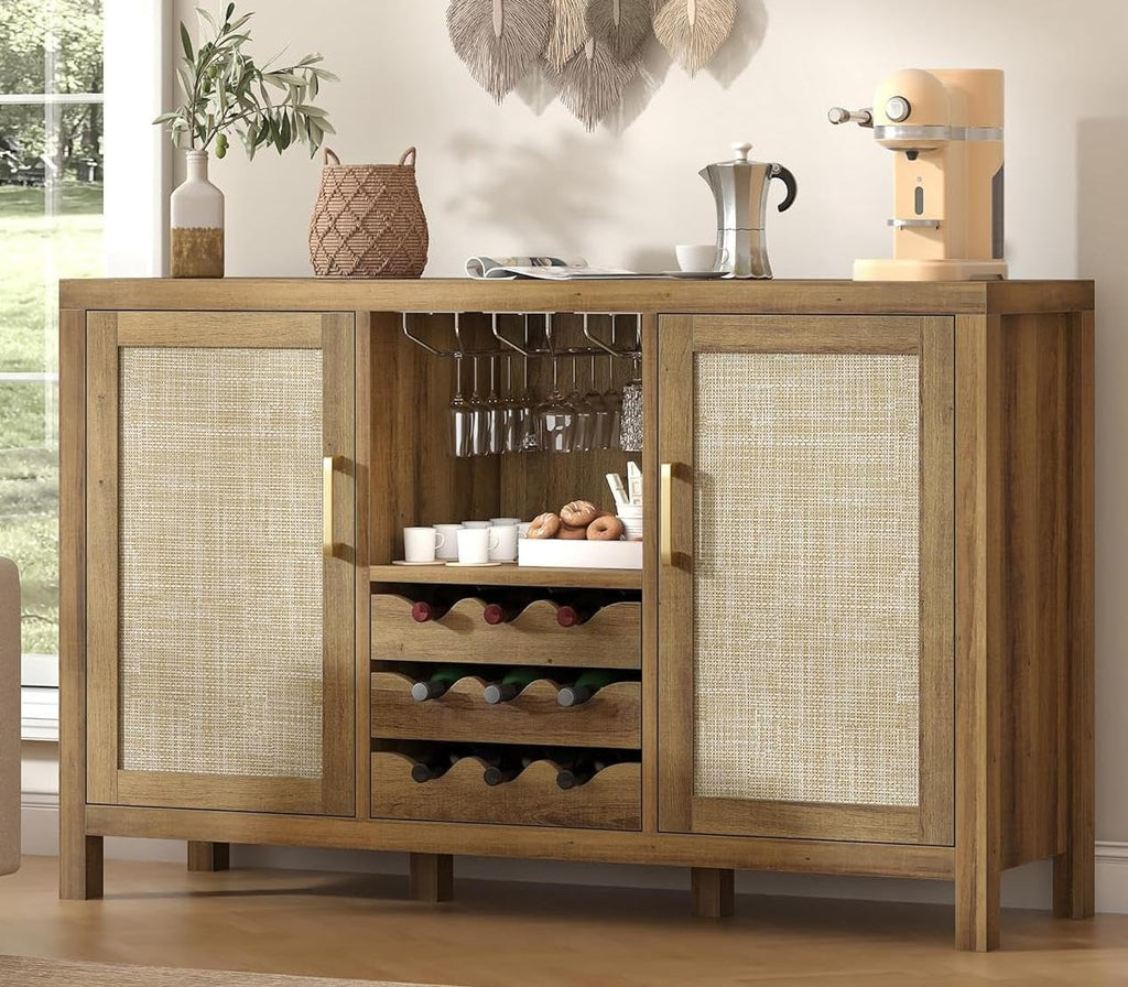 Rattan Wine Bar Cabinet, Boho Rattan Home Bar with Glass Holder and Drawer Style Racks, Oak Sideboard Buffet Storage Cabinet for Living Dining Room Kitchen