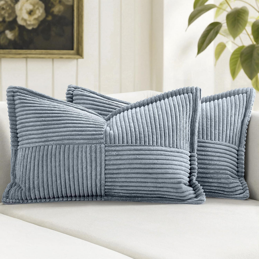 MIULEE Decorative Throw Pillow Covers for Couch Bed Livingroom 18x18 Inch Set of 2 Beige Boho Accent Throw Pllows Broadside Striped Patchwork Soft Corduroy Pillowcases