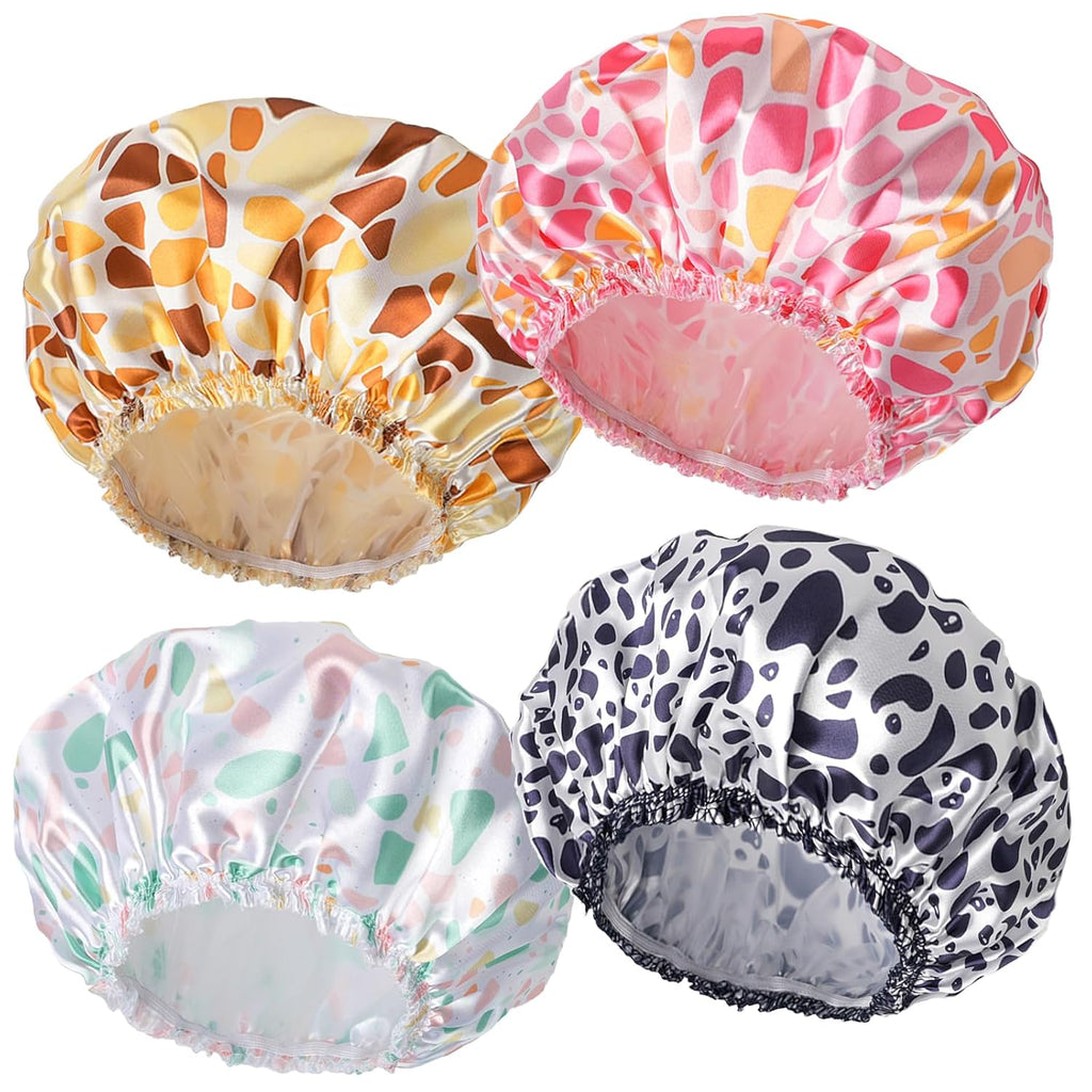 4 PCS Shower Caps for Women, Elastic and Reusable Bath Caps, Double Waterproof Layers Shower Cap, Bathing Shower Caps, Environmental Protection Hair Bath Hat - Printed Color