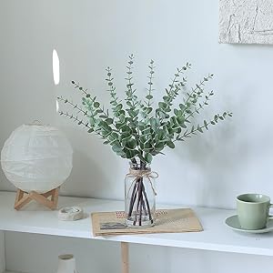 17.5" Artificial Eucalyptus Stems in Glass Vase with Faux Water,Fake Plant Eucalyptus Leaves White Seeds for Centerpiece Table Decorations Farmhouse Wedding Home Greenery Decor (Sage Green)