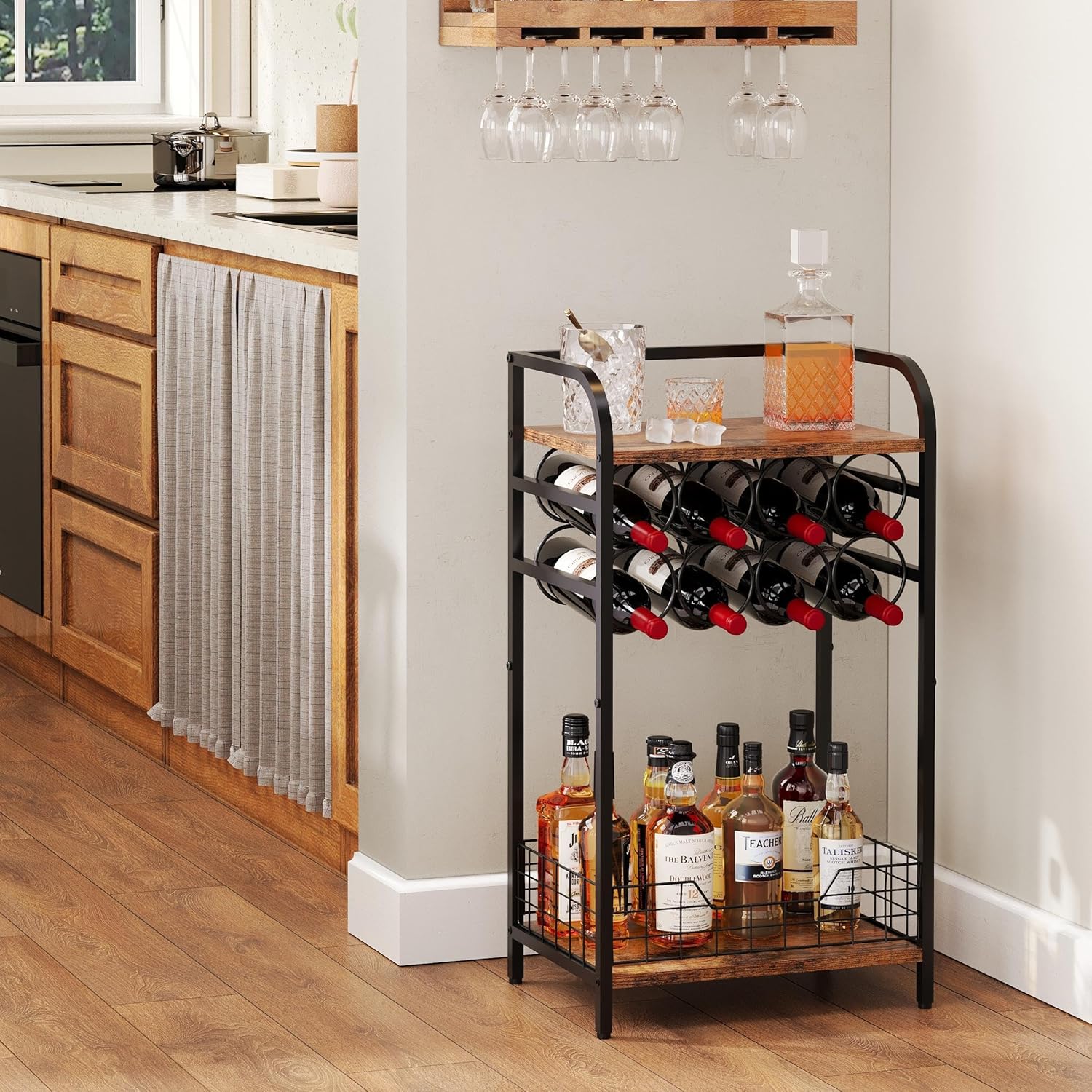 3-Tier Wine Rack Freestanding Floor Cabinet Corner Bar Cabinet Bar Cart,12 Individual Wine Storage Bottle Compartments Corner Bar Cabinet Holder (3-Tier Wine Rack 07)