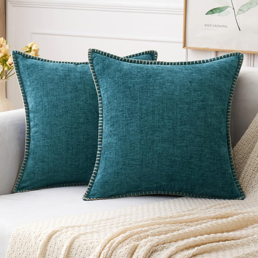 MIULEE Pack of 2 Couch Throw Pillow Covers 18x18 Inch Sage Green Farmhouse Decorative Pillow Covers with Stitched Edge Soft Chenille Solid Dyed Summer Pillow Covers for Sofa Bed Living Room
