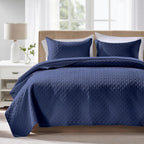 Quilts Queen Size - Ultra Soft Navy Blue Quilt Lightweight Microfiber Bedspreads, Classic Basket Weave Pattern Bedspread Bed Coverlet 3 Pieces for All-Season (1 Quilt, 2 Pillow Shams) | Breathable material, Easy care