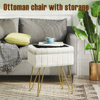 Vanity Stool Chair Faux Fur with Storage, 15.7"L x 11.8"W x 19.4"H Soft Ottoman 4 Metal Legs with Anti-Slip Feet, Furry Padded Seat, Modern Multifunctional Chairs for Makeup, Bedroom White