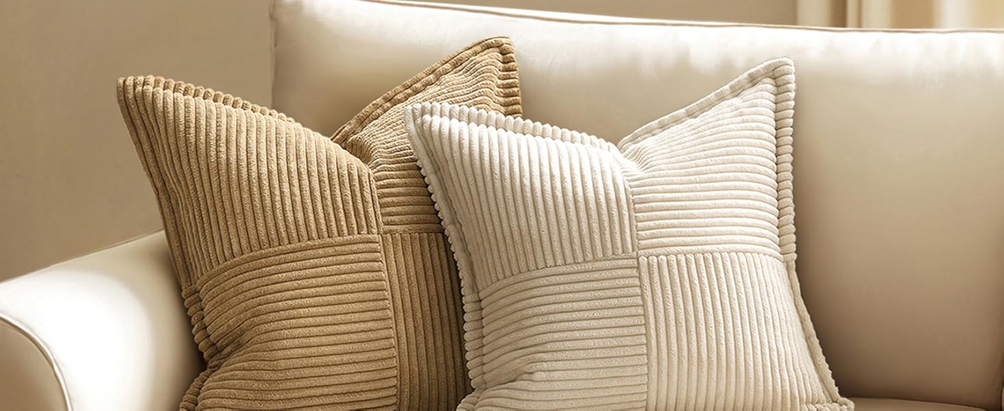 MIULEE Decorative Throw Pillow Covers for Couch Bed Livingroom 18x18 Inch Set of 2 Beige Boho Accent Throw Pllows Broadside Striped Patchwork Soft Corduroy Pillowcases