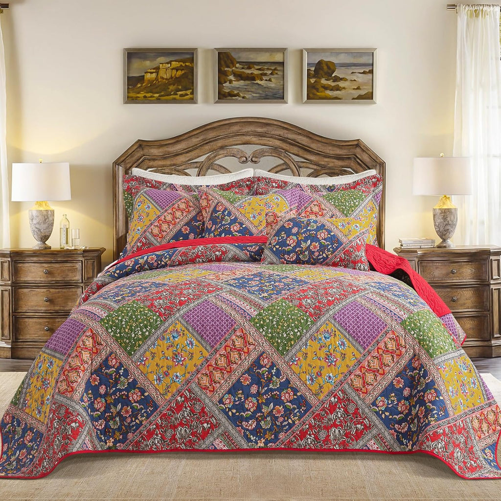Farmhouse Cotton Quilts Queen Size for Fall - Lightweight Patchwork Autumn Bedspread Set for Bed Coverlet - Highly-Woven Soft Reversible Bed Spread for All Seasons (Floral Orange) 3 Pieces