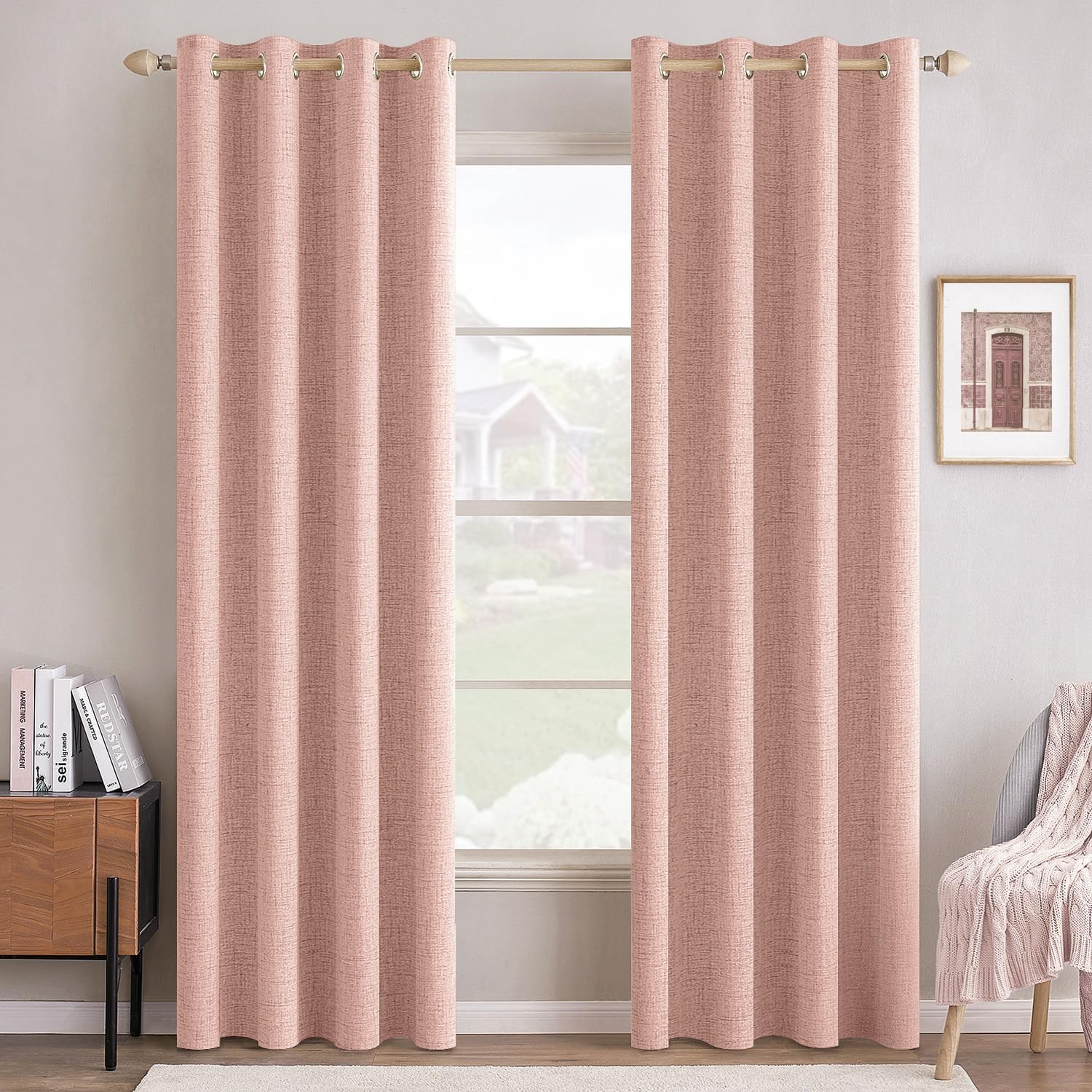 100% Blackout Linen Textured Curtains for Bedroom Solid Thermal Insulated Natural Beige Grommet Room Darkening Curtains & Drapes Luxury Decor for Living Room Nursery 52 x 84 Inch (2 Panels)
