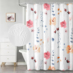 Watercolor Floral Shower Curtain, 3D Embossed Butterflies Grey Beige Flower Bathroom Curtains, Minimalist White Cloth Bath Curtain, Waterproof Fabric Textured Shower Curtain Set with Hooks, 72x72
