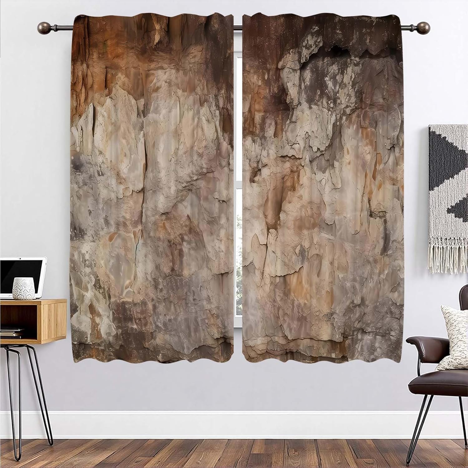 21x54Inch Rock Texture Curtains Nature Stone Pattern Design Semi Sheer Window Treatments Bedroom Living Room Rustic Cabin Home Decoration Voile Drapes 2 Panels Rod Pocket Polyester