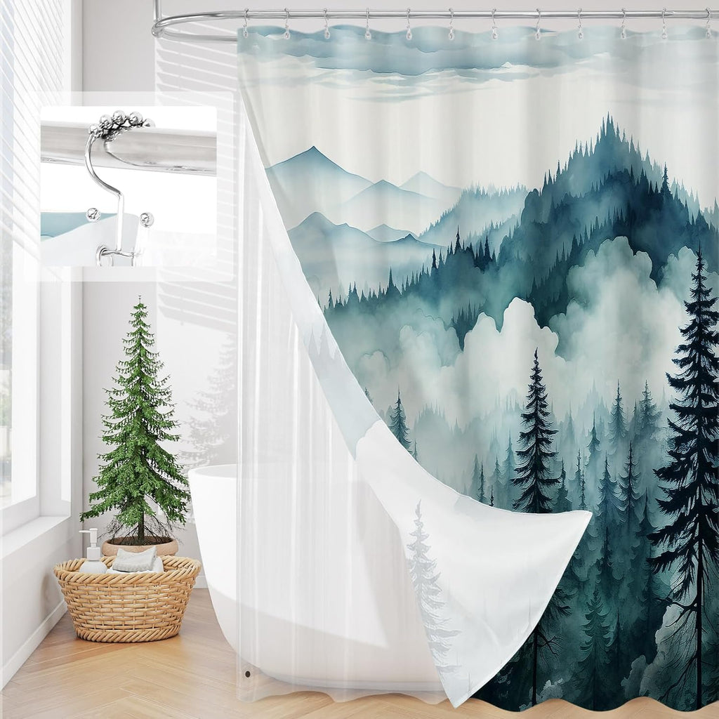 3 in 1 Shower Curtain Set, DarkGreen Misty Pine Forest Fabric Shower Curtain with PEVA Liner and Double Sided Hooks, Bathroom Curtain Waterproof 72x72