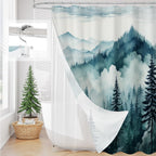 3 in 1 Shower Curtain Set, DarkGreen Misty Pine Forest Fabric Shower Curtain with PEVA Liner and Double Sided Hooks, Bathroom Curtain Waterproof 72x72