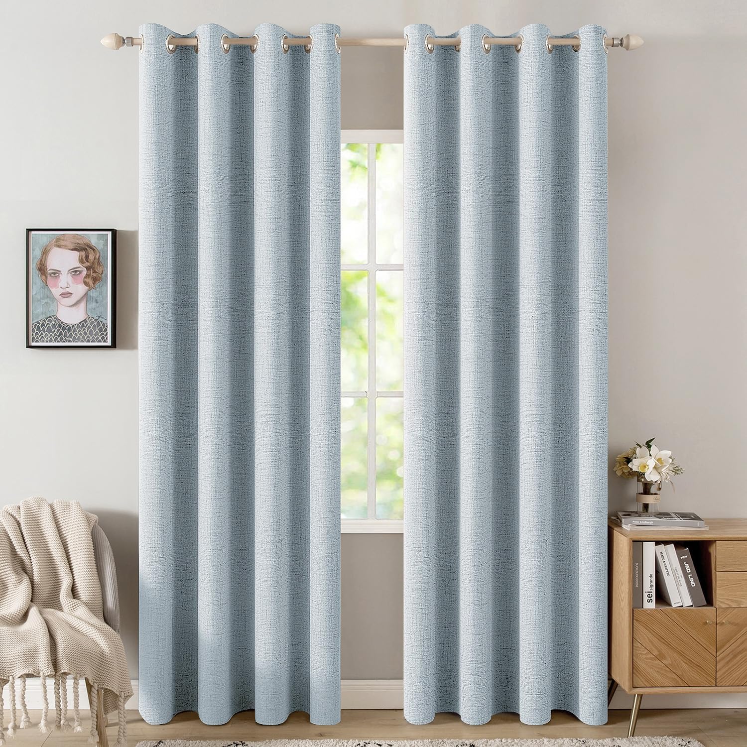 100% Blackout Linen Textured Curtains for Bedroom Solid Thermal Insulated Natural Beige Grommet Room Darkening Curtains & Drapes Luxury Decor for Living Room Nursery 52 x 84 Inch (2 Panels)