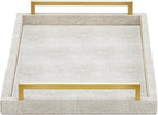 Ivory Shagreen Decorative Tray Large Rectangle Coffee Table Tray for Ottoman Faux Leather Serving Tray with Brushed Gold Handles