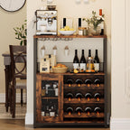 Wine Bar Rack Cabinet with LED Light, Adjustable Shelves Coffee Bar Cabinet with Mesh Door and Baffle Design, 36″ Tall Small Liquor Bar Cabinet for Home, Kitchen, Dinning Room, Rustic Brown