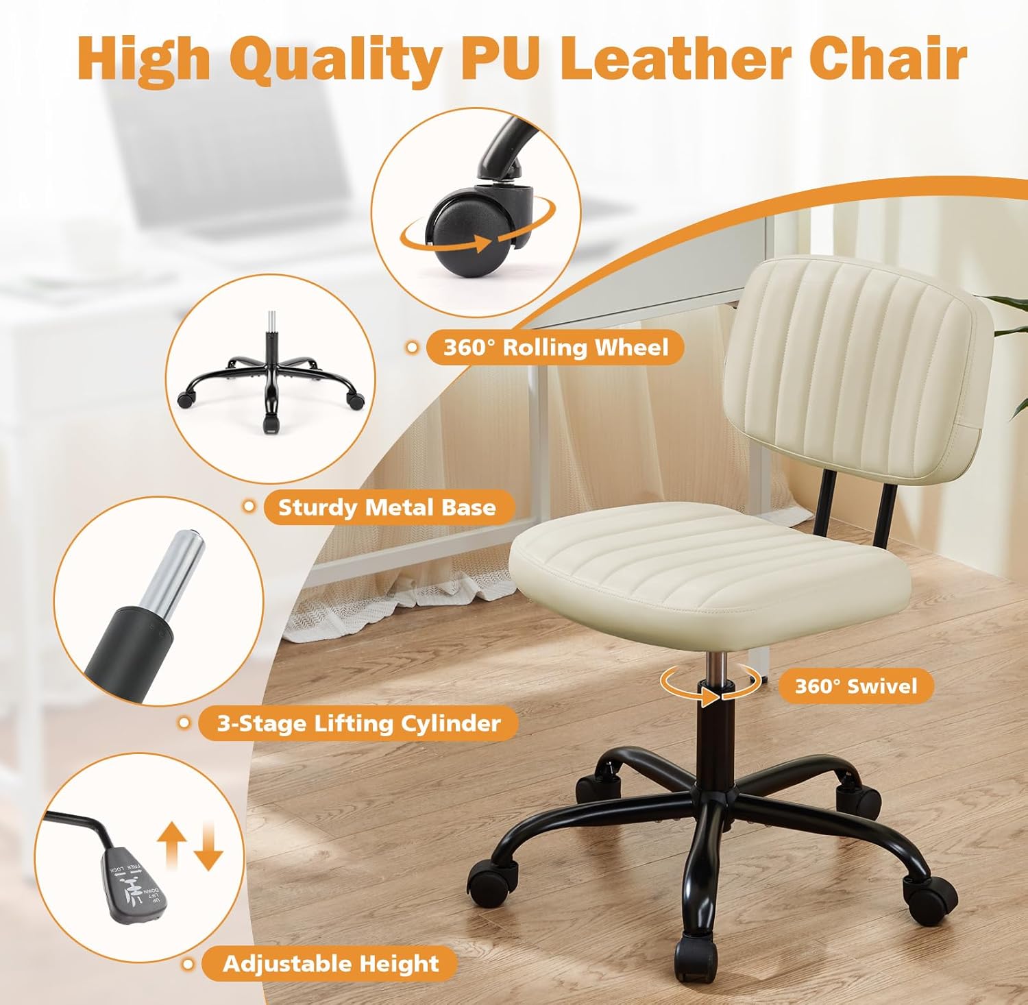 Small Office Desk Chair - Armless PU Leather with Comfy Lumbar Support, Height Adjustable Rolling Swivel Task for No Arms, for Adult, Student, Bedroom, Home, Vanity, Beige White