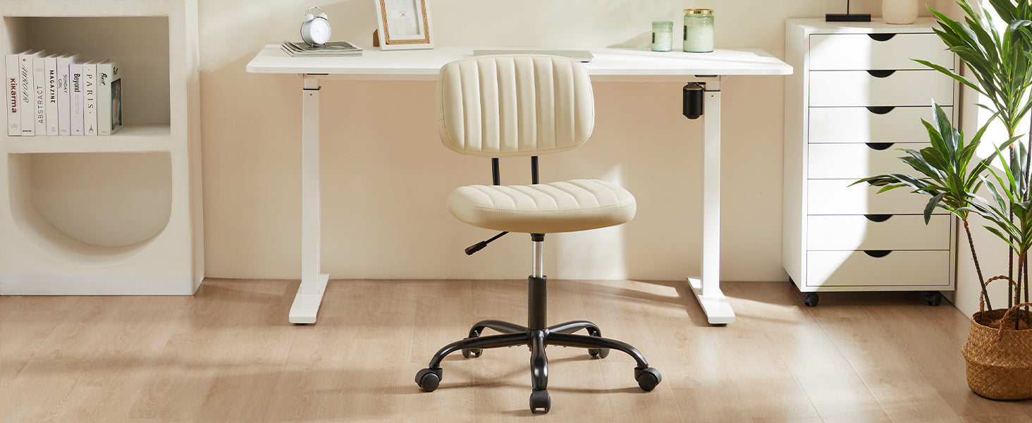 Small Office Desk Chair - Armless PU Leather with Comfy Lumbar Support, Height Adjustable Rolling Swivel Task for No Arms, for Adult, Student, Bedroom, Home, Vanity, Beige White