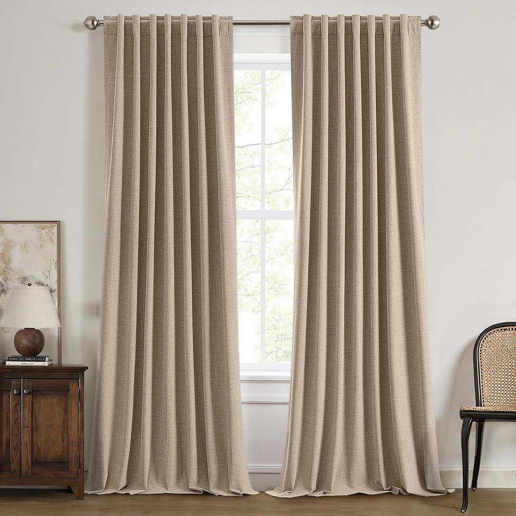 100% Blackout Linen Curtains for Bedroom, Ivory Solid Luxury Decor Thermal Insulation Room Darkening Drapes for Living Room Nursery Back Tab Rod Pocket 42 x 84 Inches, 2 Panels