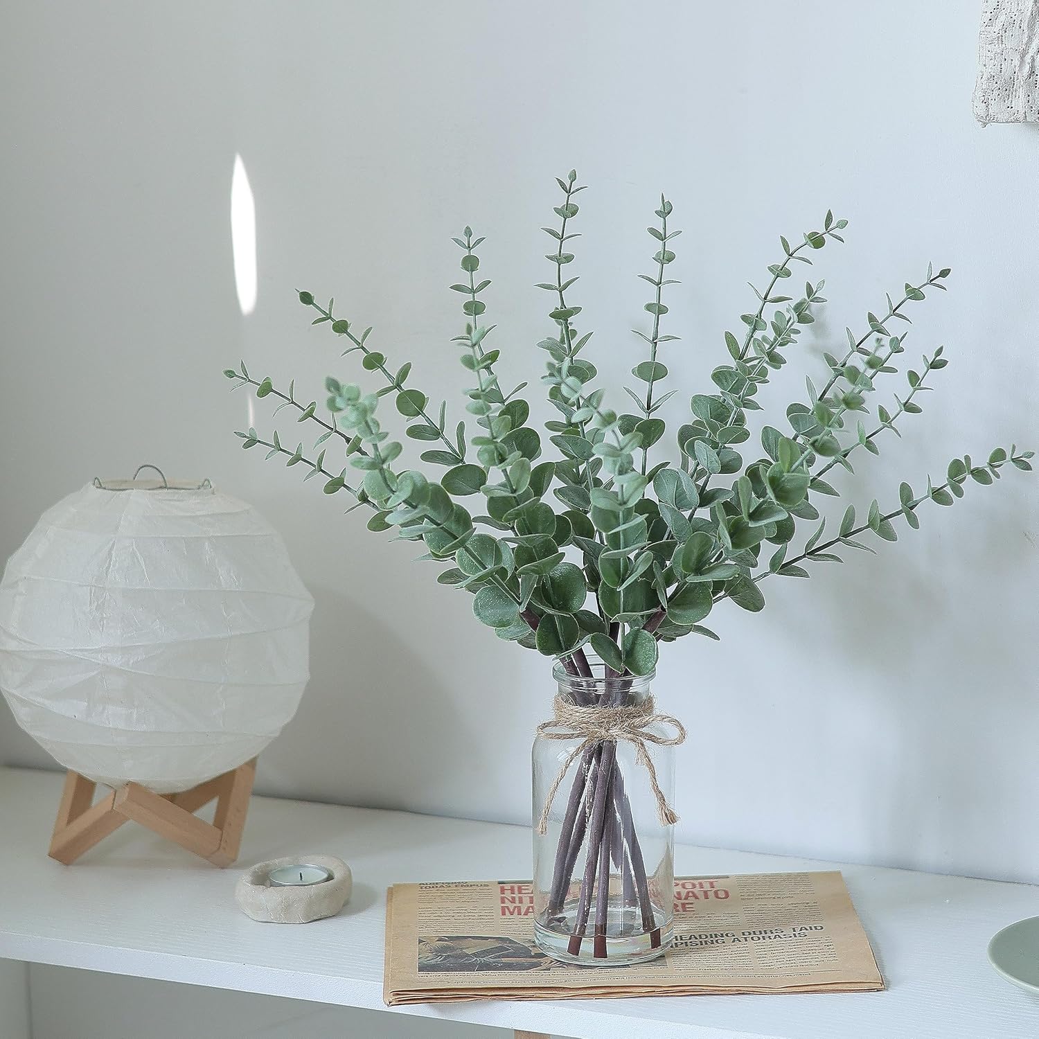 17.5" Artificial Eucalyptus Stems in Glass Vase with Faux Water,Fake Plant Eucalyptus Leaves White Seeds for Centerpiece Table Decorations Farmhouse Wedding Home Greenery Decor (Sage Green)