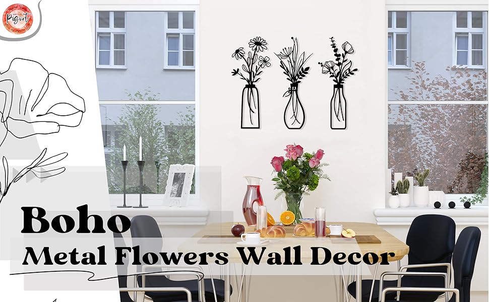 3 Pieces Metal Flowers Wall Arts - Rustic Farmhouse Decor Black Minimalist Flower Wall Decors for Living room Bathroom Bedroom Dining Room - Housewarming Gifts(Black, Vase-C)