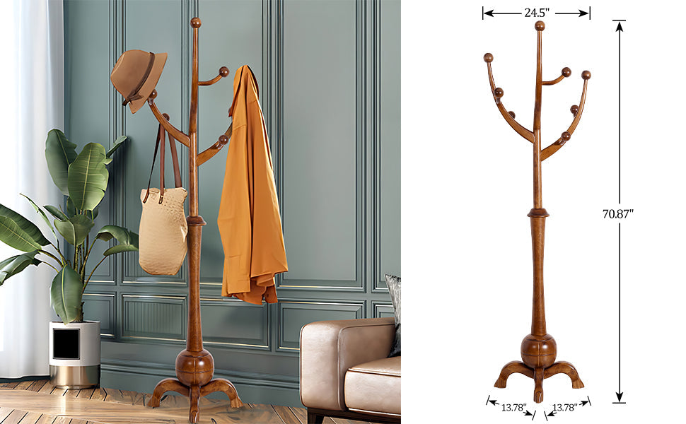 Coat Rack Freestanding Wood Coat Tree Rack with 8 Hooks, Creative Design Tree Branch-look, Standing Coat Rack Clothes Hanger Stand with Stury Base for Entryway, Hallway, Bedroom - Load 160lb (Walnut)