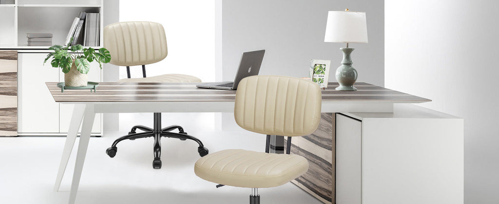 Small Office Desk Chair - Armless PU Leather with Comfy Lumbar Support, Height Adjustable Rolling Swivel Task for No Arms, for Adult, Student, Bedroom, Home, Vanity, Beige White