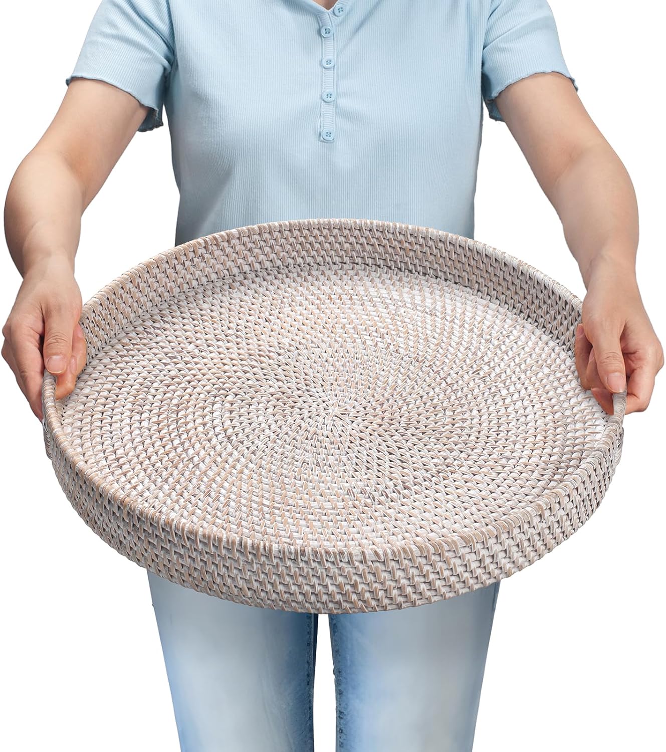 13.8 inch Round Rattan Tray, Decorative Coffee Table Tray, Ottoman Tray, Woven Serving Tray with Handles, Wicker Serving Basket, Whitewash