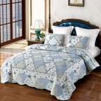 Blue Floral Patchwork Quilt Set, Full Queen Size, 3 Piece Bedding Set with 2 Pillowcases | Blue Patchwork Quilt, Queen Size Bedspread, Reversible Quilt Set, Floral Quilt Set, Patchwork Quilt Set, Queen Comforter Set