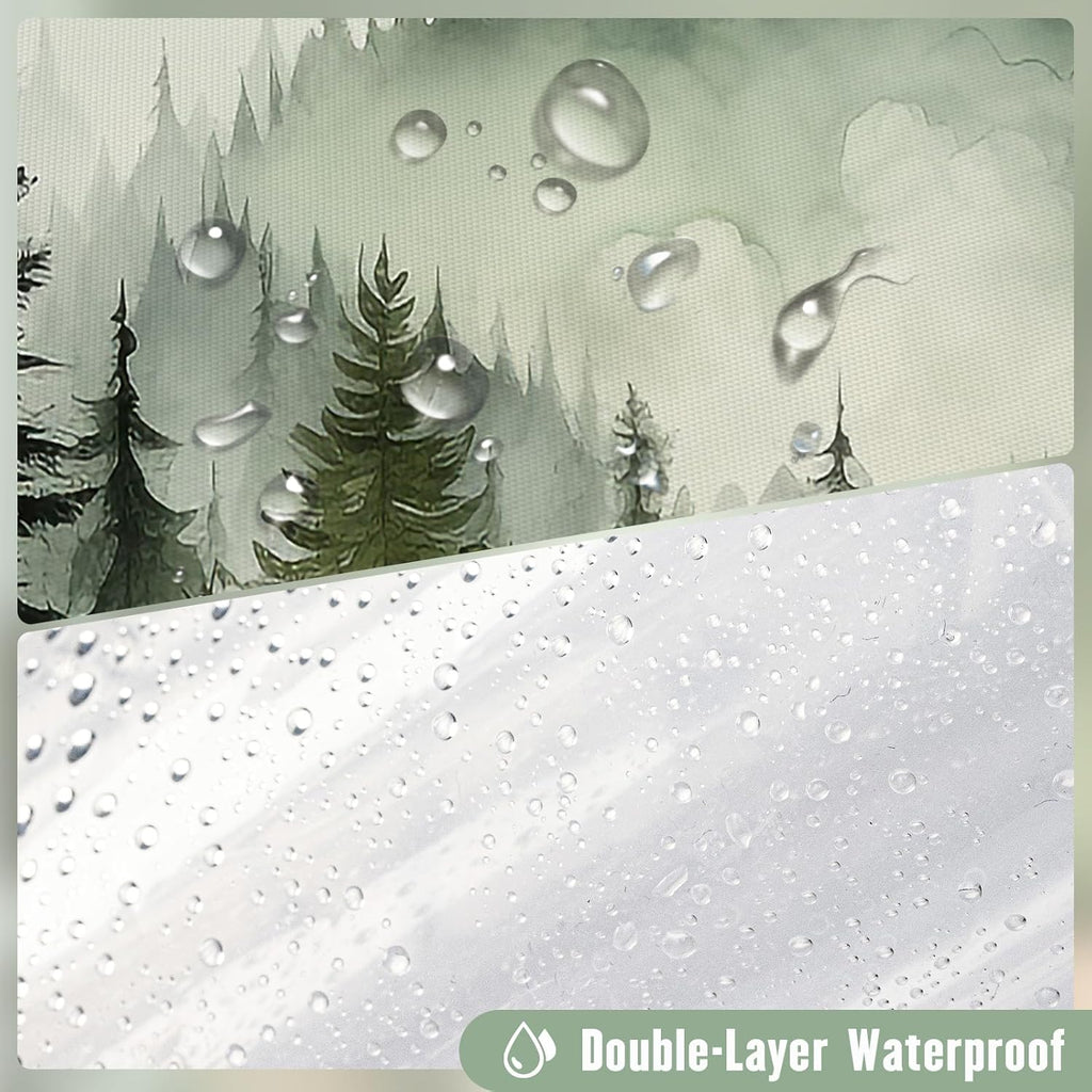 3 in 1 Shower Curtain Set, DarkGreen Misty Pine Forest Fabric Shower Curtain with PEVA Liner and Double Sided Hooks, Bathroom Curtain Waterproof 72x72