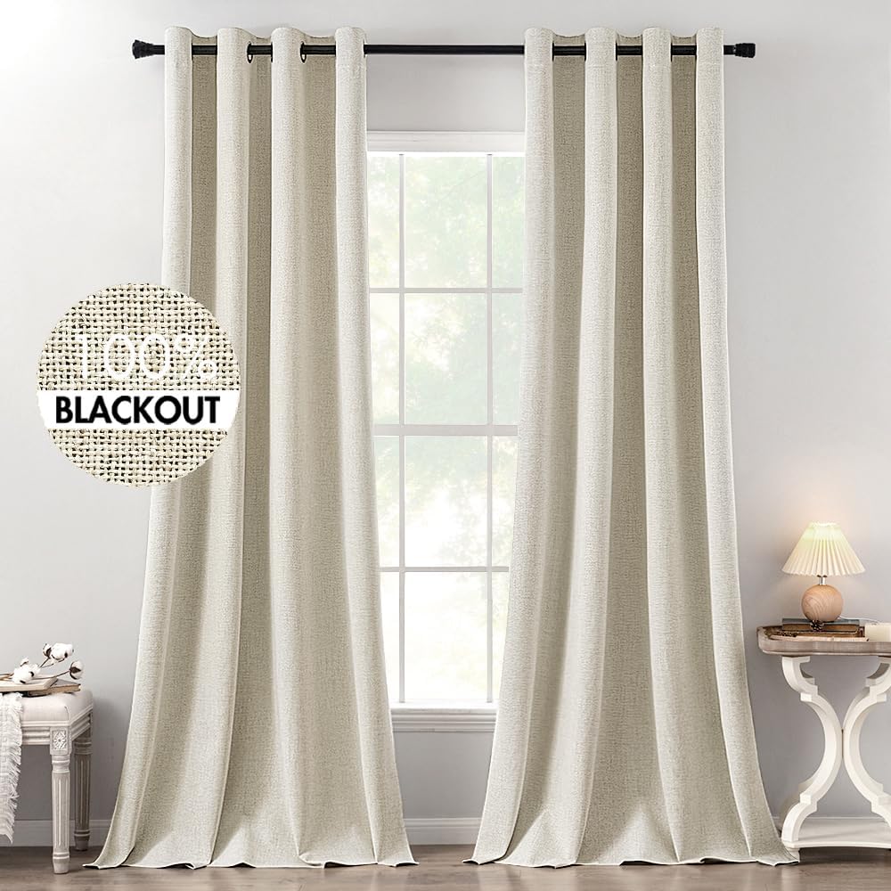 100% Blackout Linen Textured Curtains for Bedroom Solid Thermal Insulated Natural Beige Grommet Room Darkening Curtains & Drapes Luxury Decor for Living Room Nursery 52 x 84 Inch (2 Panels)