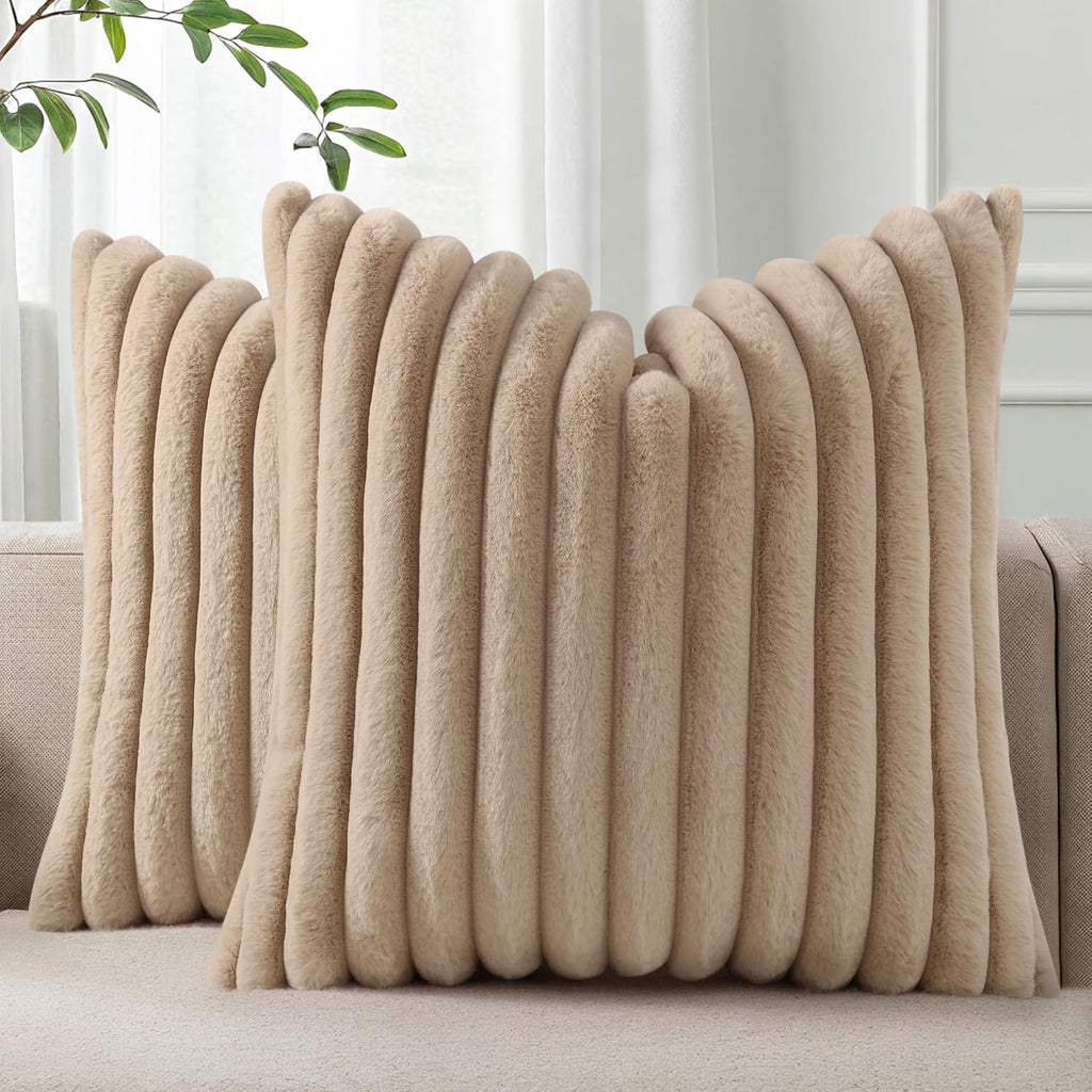 Pallene Faux Fur Plush Throw Pillow Covers 18x18 Set of 2, Luxury Soft Fluffy Striped Decorative Pillow Covers for Sofa, Couch, Living Room, Cream White